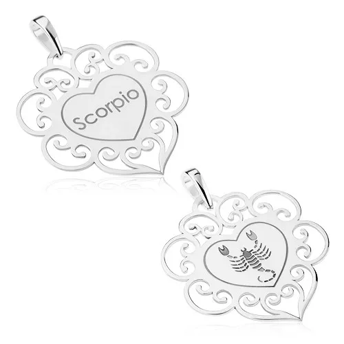 Strieborný prívesok 925, ploché lesklé srdiečko s filigránom, znamenie ŠKORPIÓN
