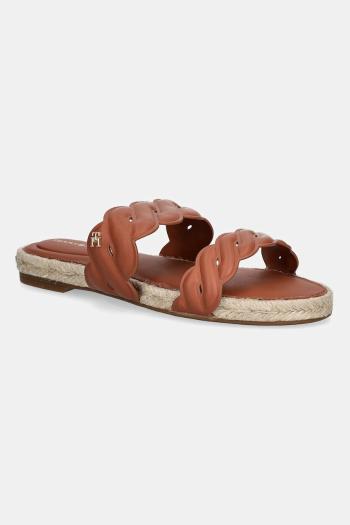 Kožené šľapky Tommy Hilfiger LEATHER ROPE ESPADRILLE MULE dámske, hnedá farba, FW0FW08503
