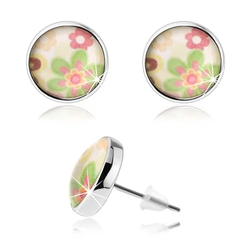 Náušnice cabochon, vypuklá číra glazúra, farebné kvietky, biely podklad