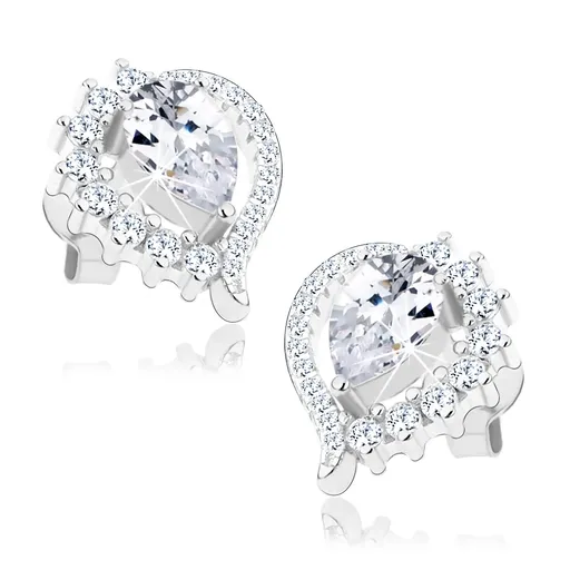 Náušnice, striebro 925, asymetrický obrys slzy, brúsený číry zirkón