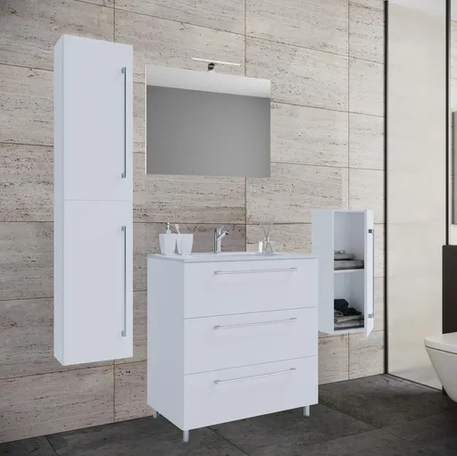 VCM 5dílná umyvadlová skříňka Badinos 3 zásuvky 60 cm se zrcadlem, střední a vysokou skříňkou, bílá