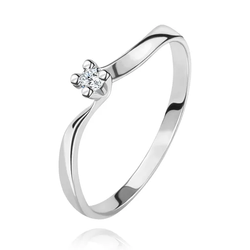 Diamantový prsteň z bieleho 14K zlata - ligotavý briliant v kotlíku, zvlnené ramená - Veľkosť: 52 mm