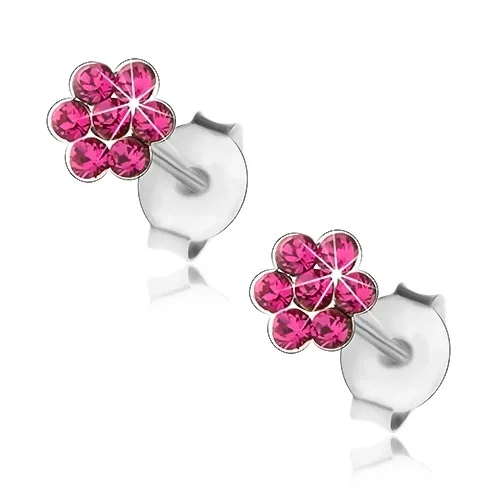 Strieborné 925 náušnice, trblietavý kvietok z fuksiových krištálikov