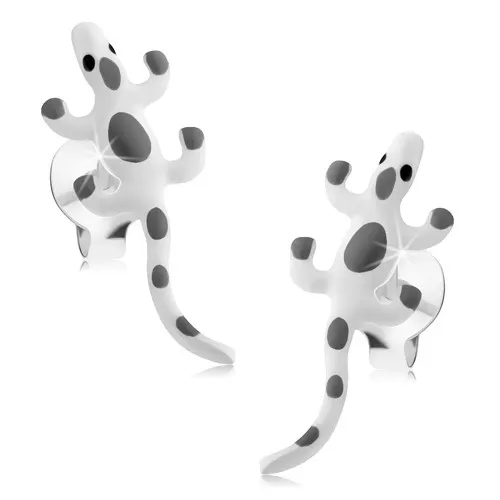 Strieborné náušnice 925, biele glazúrované jašteričky so sivými fľakmi, puzetky