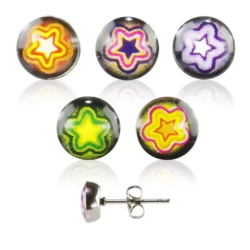 Okrúhle náušnice z ocele - farebná hviezda - Farba: Bielo - Fialová