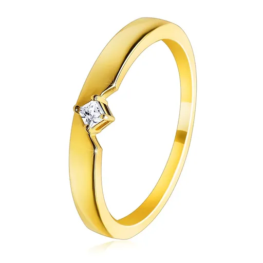 Zlatý prsteň z 9K zlata - s výrezom a vystupujúcim štvorcovým zirkónom osadenom v štvorcípom kotlíku - Veľkosť: 51 mm