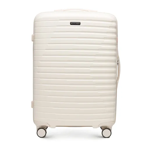 Stredný polykarbonátový kufor s horizontálnymi rebrami, krémový 56-3P-612-88