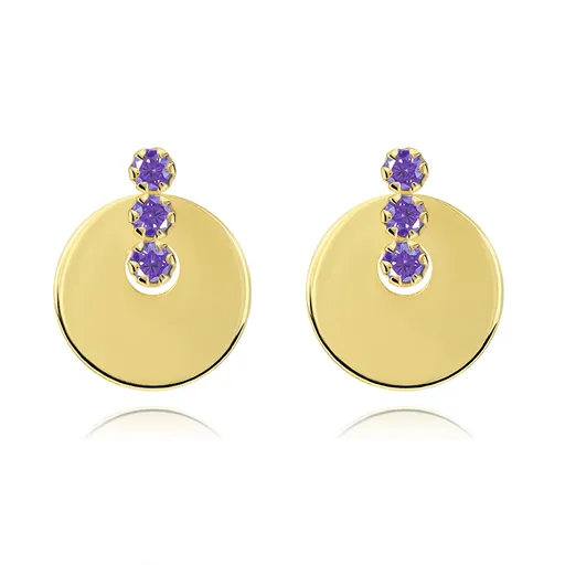 Zlaté náušnice 14K s motívom kruhu a svetlofialovými zirkónmi