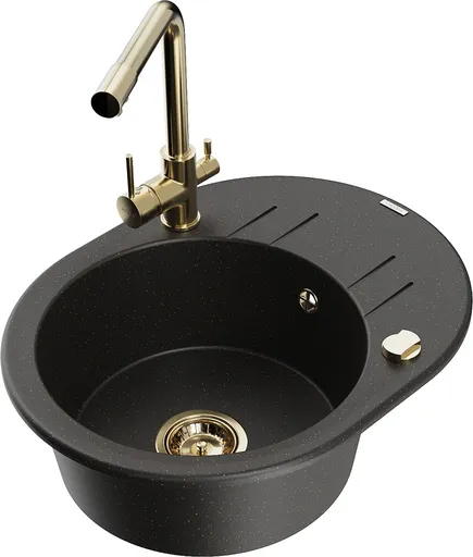 MEXEN/S MEXEN/S - Kevin granitový drez s odkvapkávačom vrátane batérie Duero, čierna/zlatá metalik 6517-75-671600-50