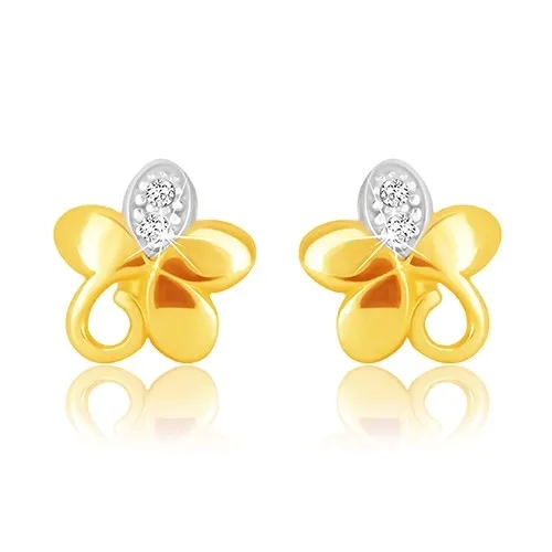 Náušnice v 9K kombinovanom zlate - kvet s piatimi lupeňmi, špirálou a zirkónikmi