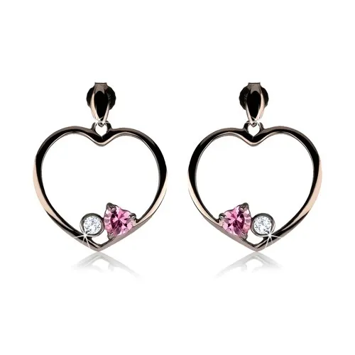 Náušnice zo striebra 925, oceľovo sivý obrys srdca, ružové srdce, číry zirkón