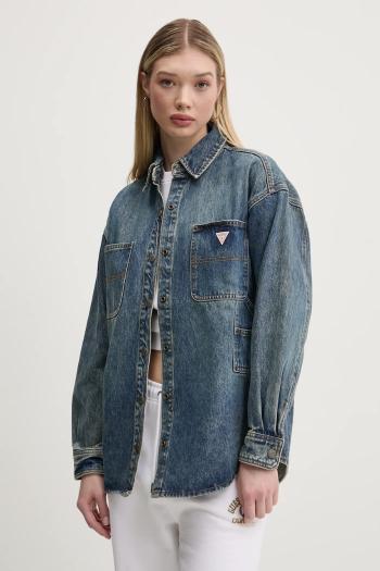 Rifľová košeľa Guess Originals dámska, tmavomodrá farba, voľný strih, s klasickým golierom, W5RG67 D4XY0