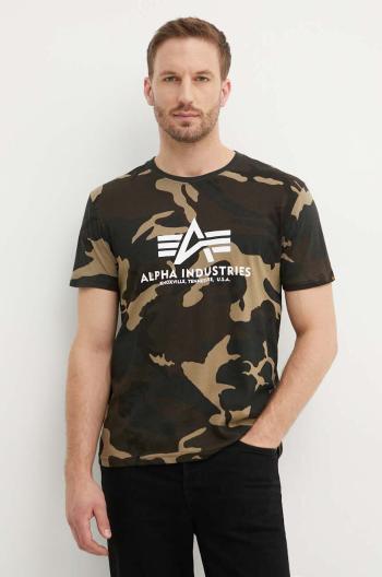 Bavlnené tričko Alpha Industries Basic T-Shirt Camo 100501C.408, zelená farba, vzorované