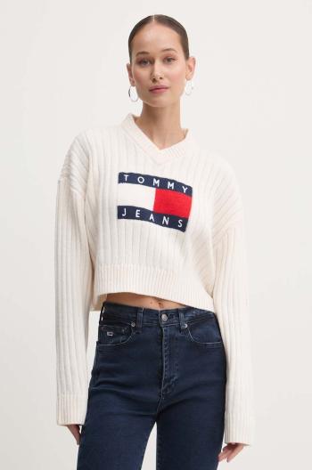 Sveter Tommy Jeans dámsky, béžová farba, tenký, DW0DW18528