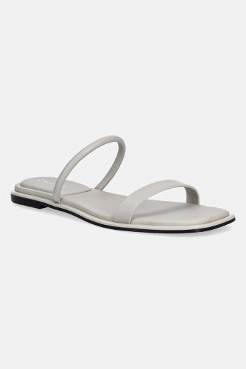 Kožené šľapky Calvin Klein FLAT SANDAL SQUARED 2-BAR LTH šedá farba, HW0HW02532