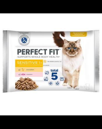 PERFECT FIT Sensitive 1+ 52x85g plicuri hrana pisiic, in sos de pui cu somon