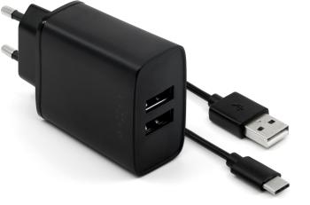 Töltő adapter FIXED Smart Rapid Charge 2 x USB + 1m USB to USC-C kábel - 15W, fekete