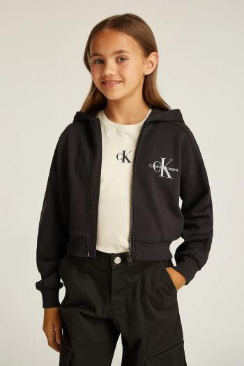 Detská bavlnená mikina Calvin Klein Jeans čierna farba, s kapucňou, s potlačou, IG0IG02824