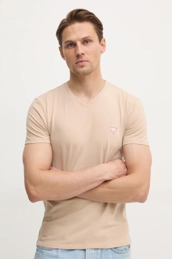Tričko Guess pánsky, béžová farba, jednofarebný