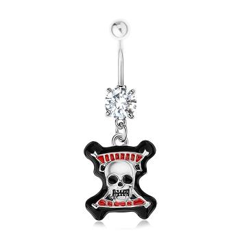 Piercing do pupku, oceľ 316L, číry zirkón, lebka, čierny lem, červené prúžky