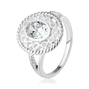 Strieborný prsteň 925, širšia kontúra zo symbolov "infinity", oválny číry zirkón - Veľkosť: 54 mm