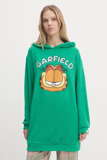 Fleecová mikina United Colors of Benetton x GARFIELD zelená farba, s kapucňou, s potlačou, 3DFQ3M06K
