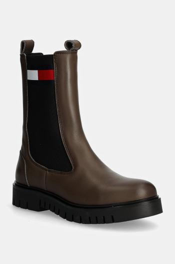 Kožené topánky chelsea Tommy Jeans TJW LONG CHELSEA BOOT dámske, hnedá farba, na platforme, EN0EN02625