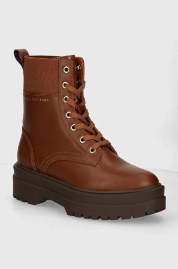 Členkové topánky Tommy Hilfiger LEATHER ELASTIC RIB LACEUP dámske, hnedá farba, na plochom podpätku, FW0FW08440