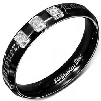 Prsteň z chirurgickej ocele, čierny, lesklý, zirkóny, Forever Love  - Veľkosť: 55 mm