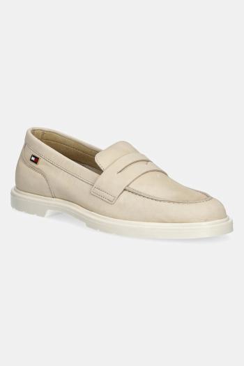 Nubukové mokasíny Tommy Hilfiger FLAG SOFT NUBUCK LOAFER dámske, béžová farba, na plochom podpätku, FW0FW08679
