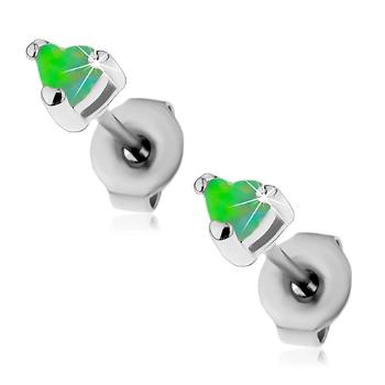 Oceľové náušnice striebornej farby, syntetické opálové srdiečka zelenej farby, 3 mm