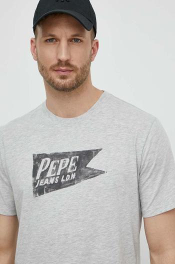 Bavlnené tričko Pepe Jeans SINGLE CARDIFF pánske, šedá farba, s potlačou, PM509401