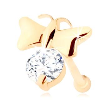 Briliantový piercing do nosa v žltom 14K zlate - lesklý motýlik a číry diamant