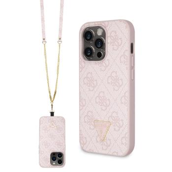 GUESS 4G STRASS SET Ochranný kryt + remienok pre Apple iPhone 15 Pro ružový