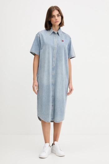Rifľové šaty Tommy Jeans modrá farba, mini, áčkový strih, DW0DW21205