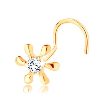 Piercing do nosa zo žltého 14K zlata - lesklý kvet so zirkónom, zahnutý