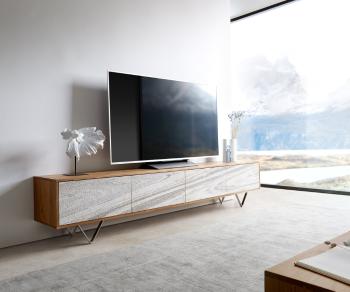 TV stolík Kleo 220 cm prírodná akácia 4 dvierka podstavec v tvare