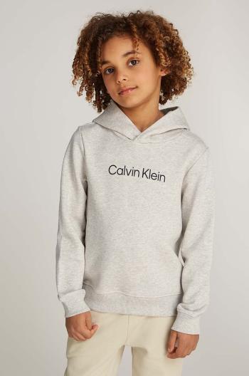 Detská bavlnená mikina Calvin Klein Jeans šedá farba, s kapucňou, s potlačou, IU0IU00679