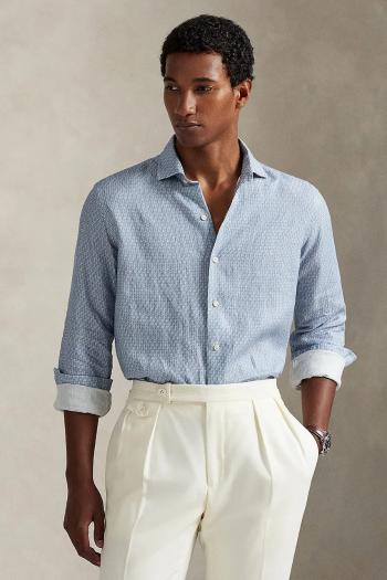 Ľanová košeľa Polo Ralph Lauren modrá farba, regular, s talianskym golierom, 710974546