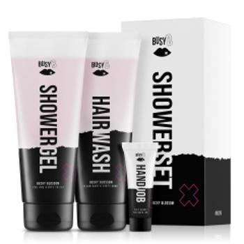 BusyB Becky Blossom šampón na vlasy 230 ml + sprchový gél 230 ml + krém na ruky 8 ml sada