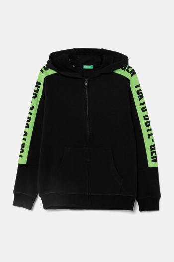 Detská bavlnená mikina United Colors of Benetton čierna farba, s kapucňou, s potlačou, 3J68C504R