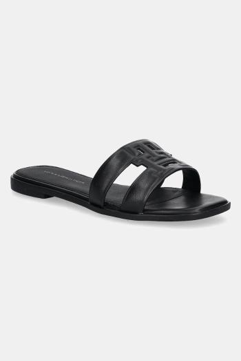 Kožené šľapky Tommy Hilfiger TH LOGO STRAP MULE dámske, čierna farba, FW0FW08671