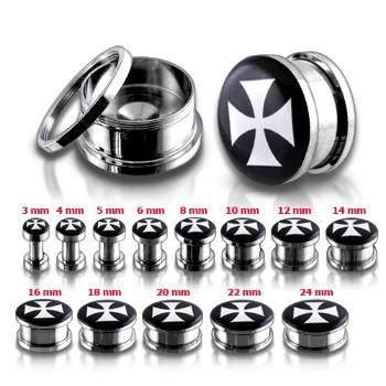 Tunel plug do ucha z chirurgickej ocele s bielym maltézskym krížom - Hrúbka: 6 mm 