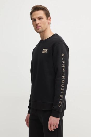 Mikina Alpha Industries Camo Sleeve Crewneck pánska, čierna farba, s nášivkou, 156306