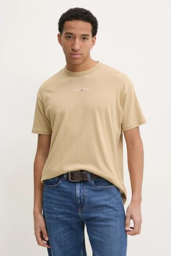 Bavlnené tričko Tommy Jeans pánske, béžová farba, s nášivkou, DM0DM21110