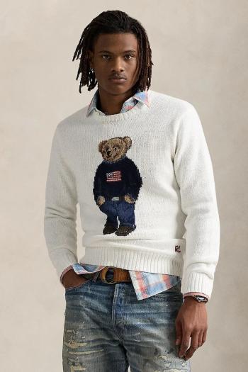 Ľanový sveter Polo Ralph Lauren Lscrflagbear Long Sleeve biela farba, 710977415
