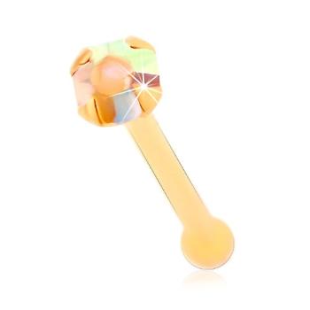 Rovný piercing do nosa zo žltého 14K zlata - okrúhly dúhový zirkónik, 1,5 mm