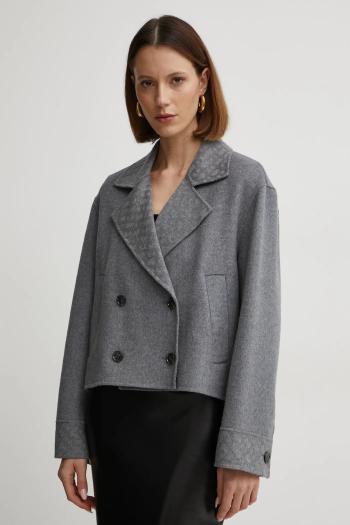 Vlnený kabát BOSS šedá farba, prechodný, oversize, 50531742