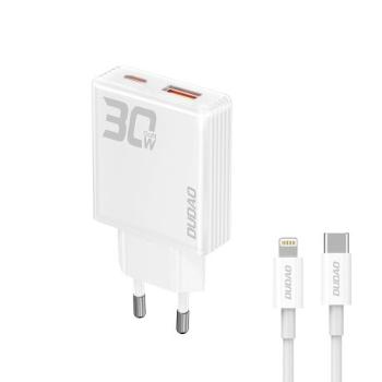 Dudao A30EUL GaN sieťová nabíjačka USB / USB-C 30W + kábel USB-C / Lightning, biela