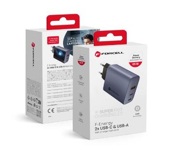 Forcell hálózati gyorstöltő 2xType-C + USB, PD + QC 4.0, 4A, GaN 65W, szürke